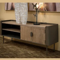 Viadurini Living Tv-Möbel-Wohnzimmer-TV-Ständer aus Tannenholz und Grauguss mit 2 Türen - Cooper