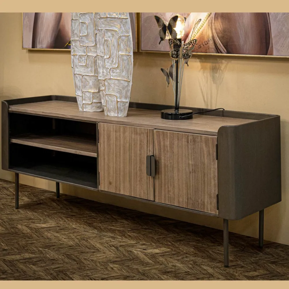 Viadurini Living Tv-Möbel-Wohnzimmer-TV-Ständer aus Tannenholz und Grauguss mit 2 Türen - Cooper