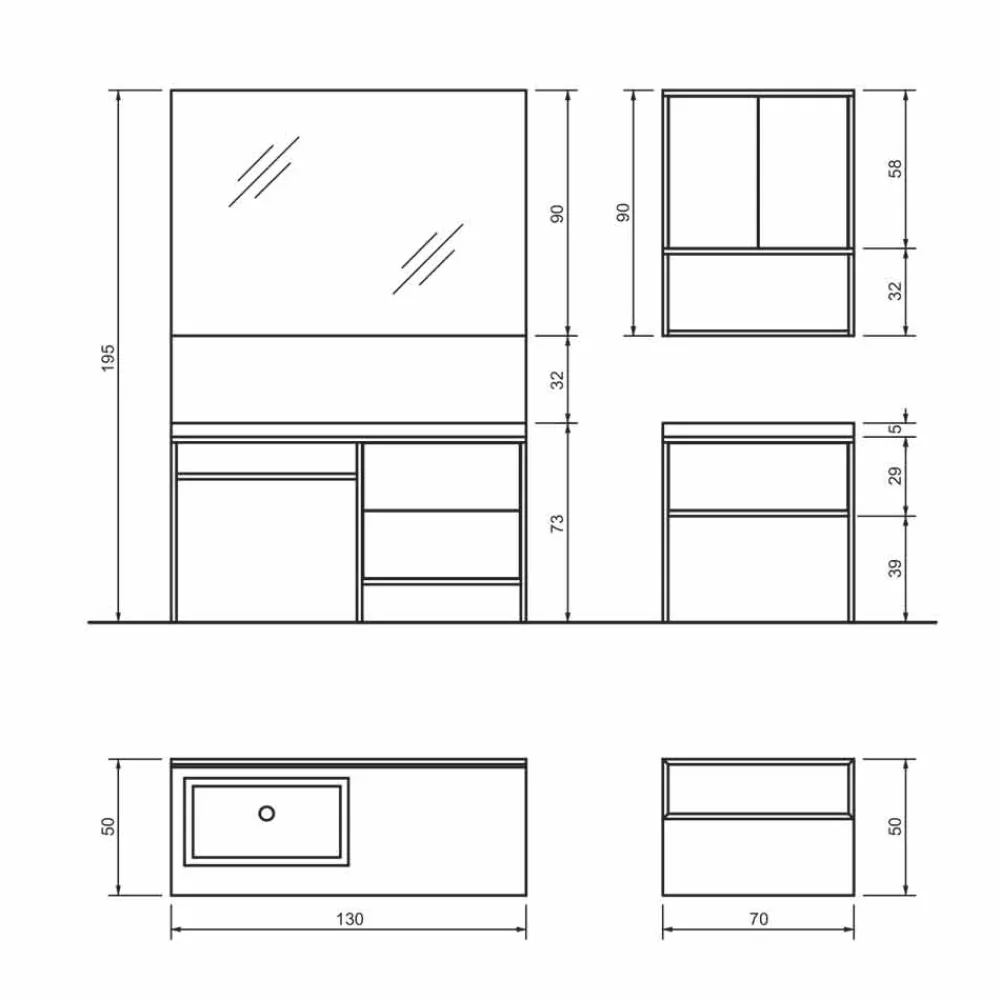 Viadurini Bathroom Badmöbel Stehend-Zusammensetzung 5 Freistehende Badezimmermöbel in Ecolegno Länge 130 + 70 cm - Cizco