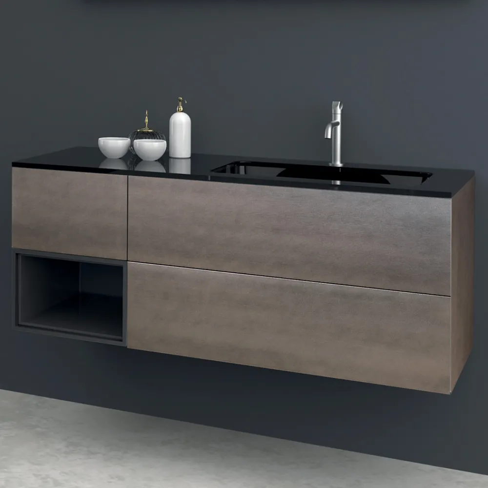 Viadurini Bathroom Badmöbel Hängend-Zusammensetzung 2 Hängende Badezimmermöbel aus Mdf Platin lackiert 120 cm - Renga