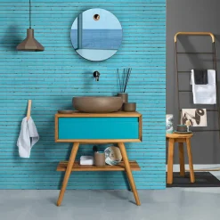 Viadurini Bathroom Badmöbel Stehend-Zusammensetzung von Badezimmermöbeln einschließlich Zubehör mit blauen Details - Carolie