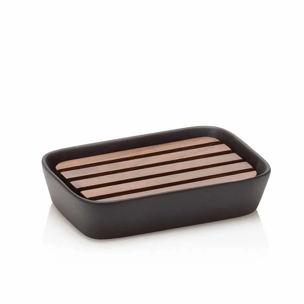 Viadurini Living Badzubehör-Zusammensetzung von Badzubehör aus Keramik, Holz und Metall - Semino