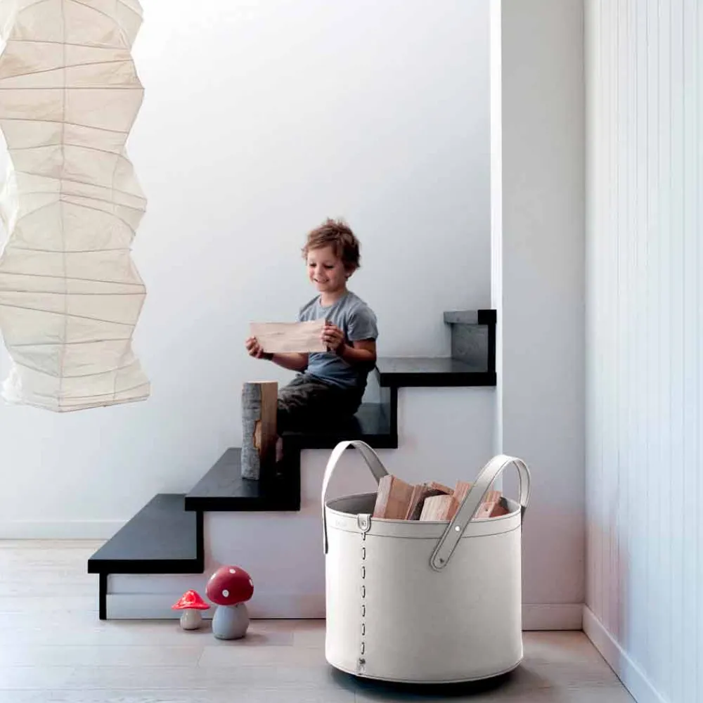 Firestyle Kaminholzständer Aus Leder Und Kunstleder-Zylindrischer Holzhalter aus regeneriertem Leder mit Tonda Rädern