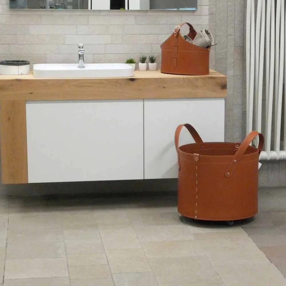 Firestyle Kaminholzständer Aus Leder Und Kunstleder-Zylindrischer Holzhalter aus regeneriertem Leder mit Tonda Rädern